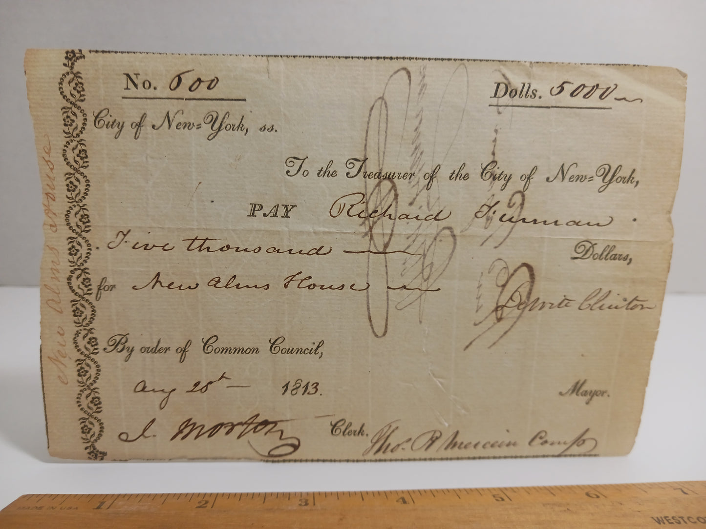 1813 DeWitt Clinton as NYC Mayor & Major General Jacob Morton Signed Funding for New Alms House, Richard Furman DS