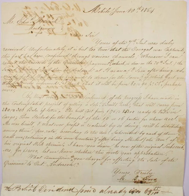 1864 CSA Blockade Runner Agent Letter, Steamship Donegal Captured by Union Navy & Plans to build new Blockade Runner