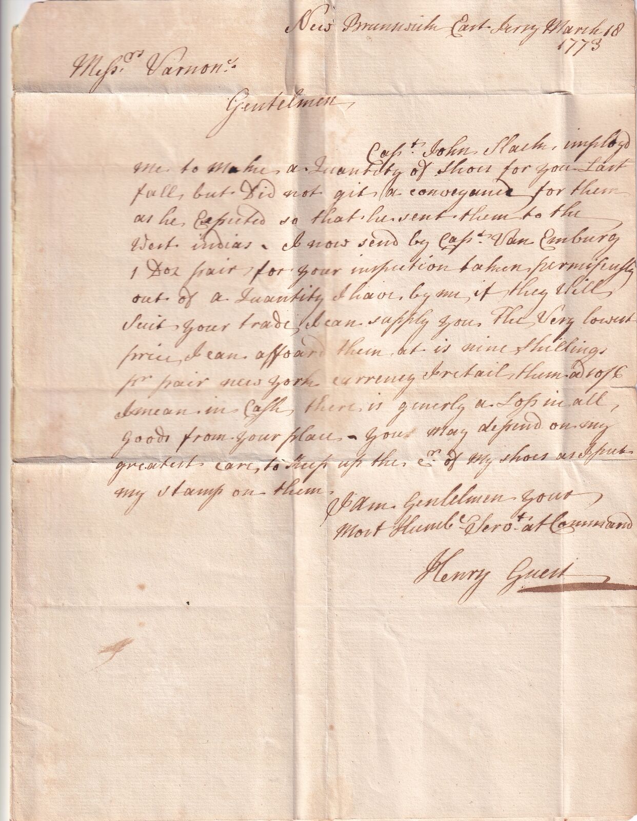 1773 Henry Guest ALS to Merchants Samuel & William Vernon, NJ to RI, West Indies, Jamaica Trade