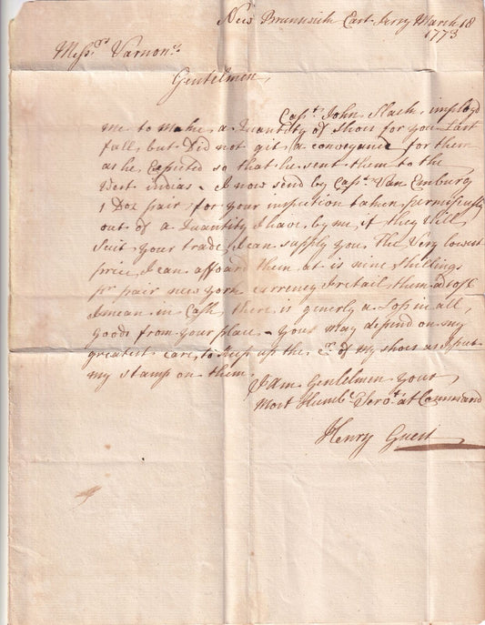 1773 Henry Guest ALS to Merchants Samuel & William Vernon, NJ to RI, West Indies, Jamaica Trade