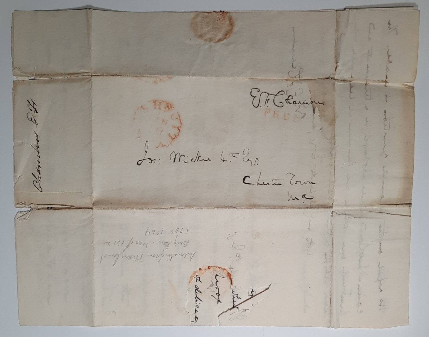 1827 US Senator Ezekiel Chambers, Maryland, signed letter, manuscript free frank