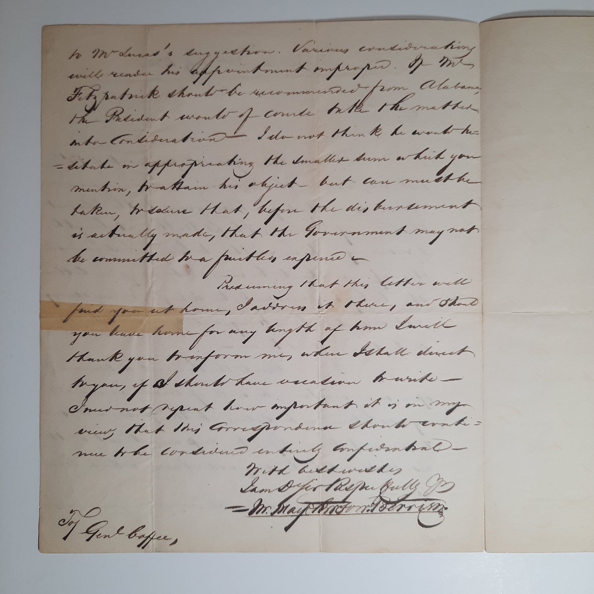 1830 Attorney General John MacPherson Berrien ALS to General John Coffee (Andrew Jackson)