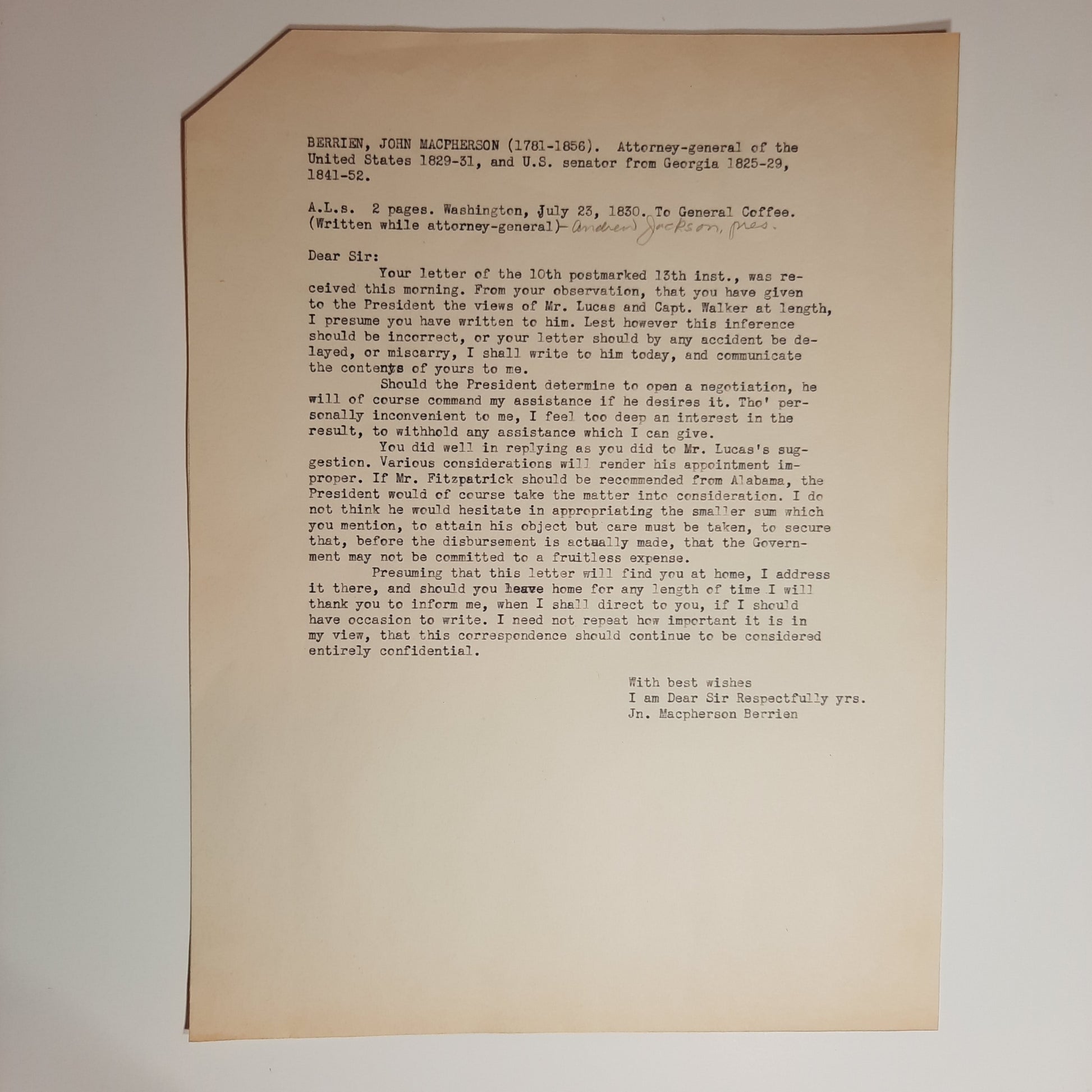 1830 Attorney General John MacPherson Berrien ALS to General John Coffee (Andrew Jackson)
