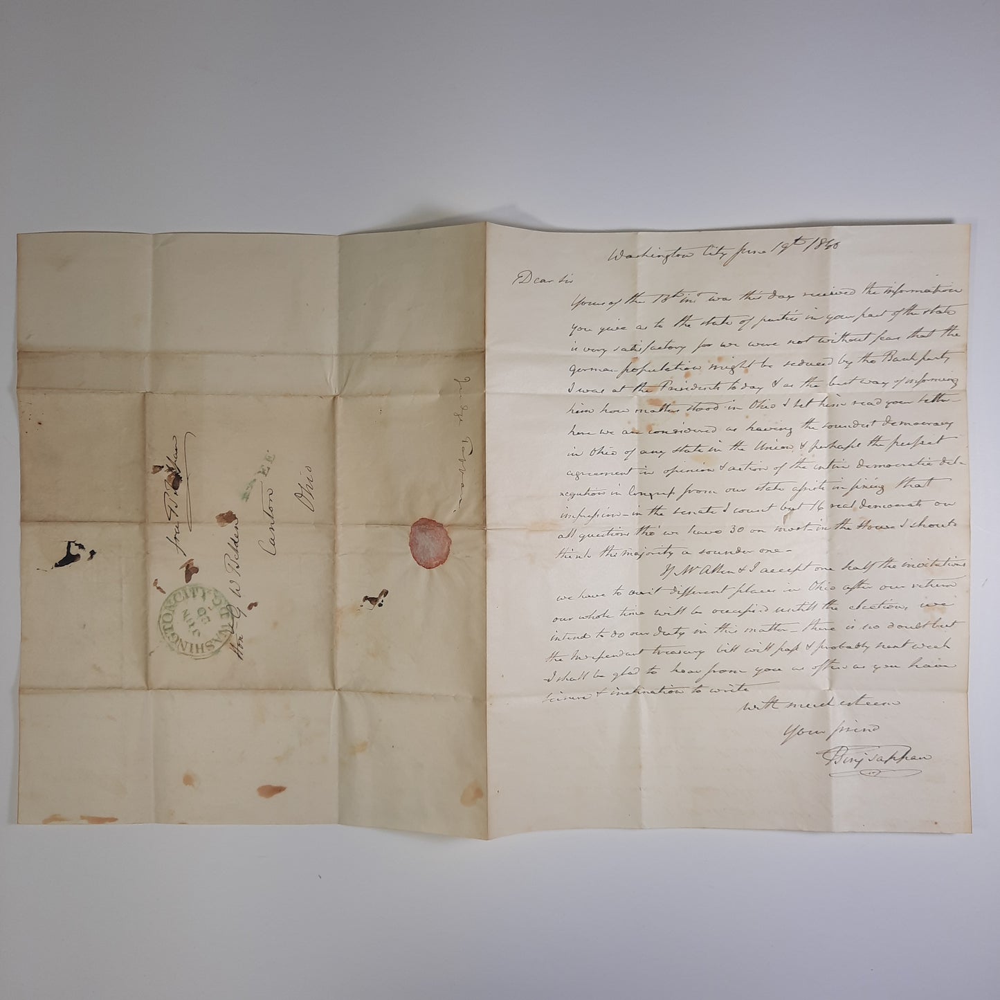 1840 Benjamin Tappan, Ohio US Senator ALS Washington DC free frank and letter signed