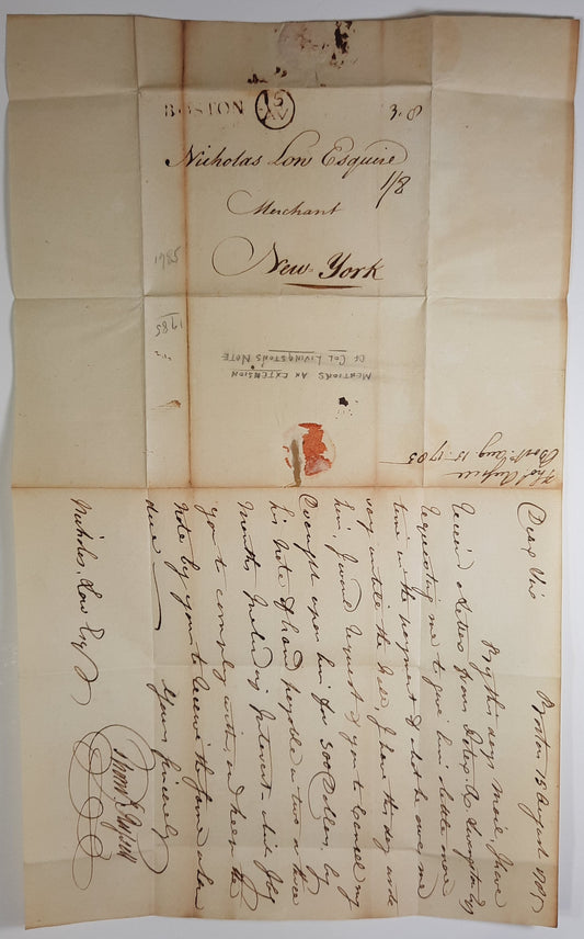 1785 Thomas Russell, Boston signed letter to Nicholas Low, ALS, Banking