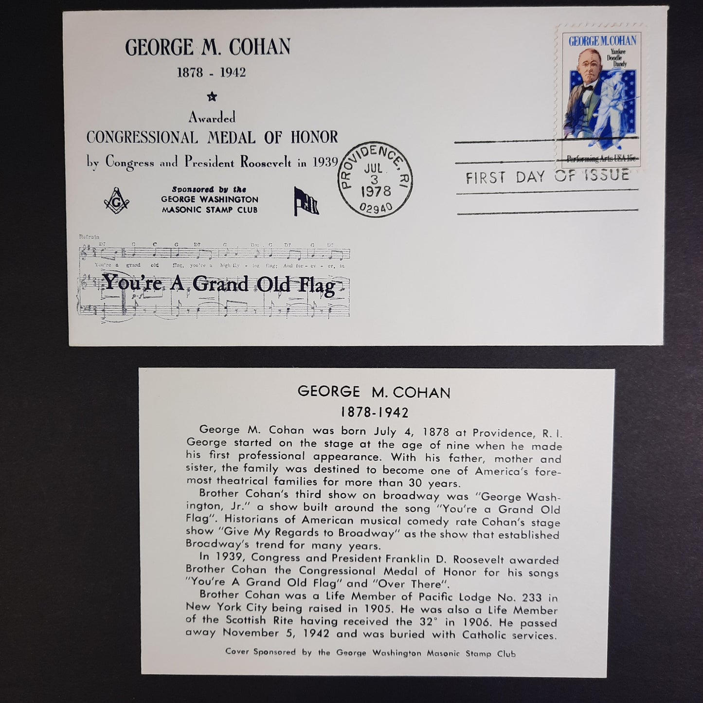 1978 George Cohen Congressional Medal of Honor Cachet, George Washington Masonic Stamp Club FDC Providence RI