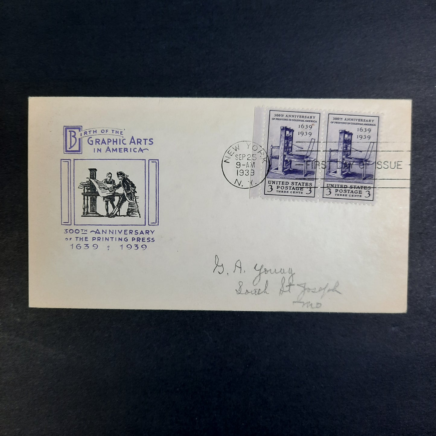 1939 300th Anniversary of Printing Press, Birth of Graphic Arts in America Cachet, Pair Scott 85