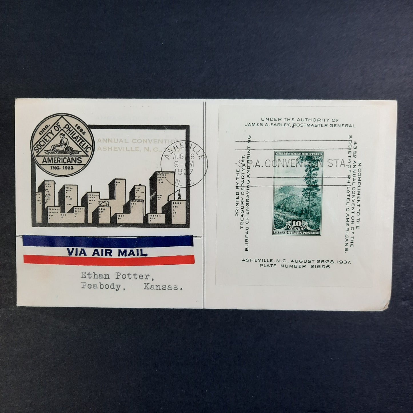 1937 Asheville North Carolina Society of Philatelic Americans Convention Cachet James Farley Souvenir Sheet FDC Aug 26