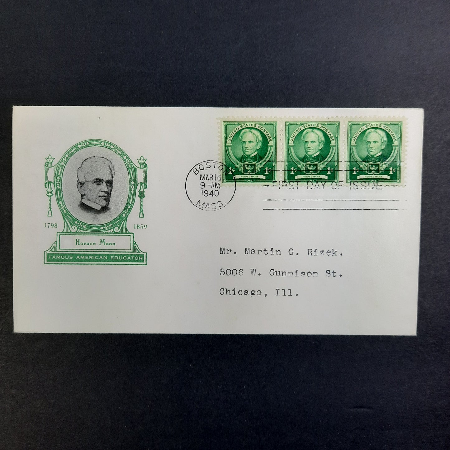 1940 Horace Mann Cachet Scott Strip of 3 Boston March 14 FDC