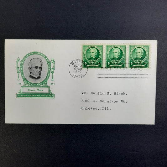 1940 Horace Mann Cachet Scott Strip of 3 Boston March 14 FDC