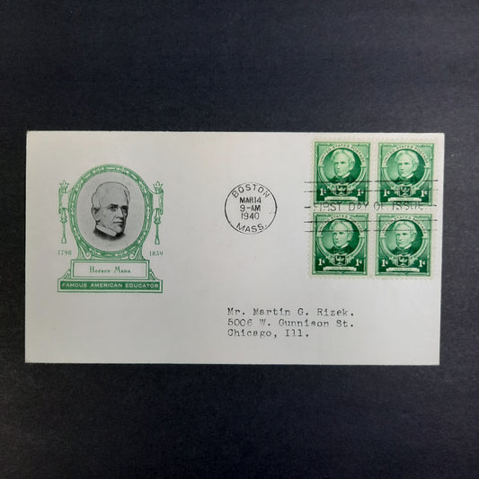 1940 Horace Mann Cachet Scott block of 4 Cachet Boston March 14 FDC