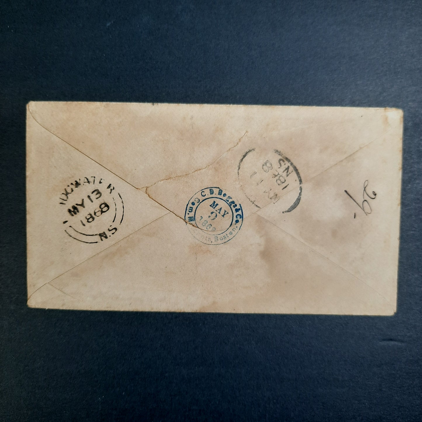 1868 C.D. Boggs Boston Merchant Stampless CDS envelope "CTS 10" to Nova Scotia
