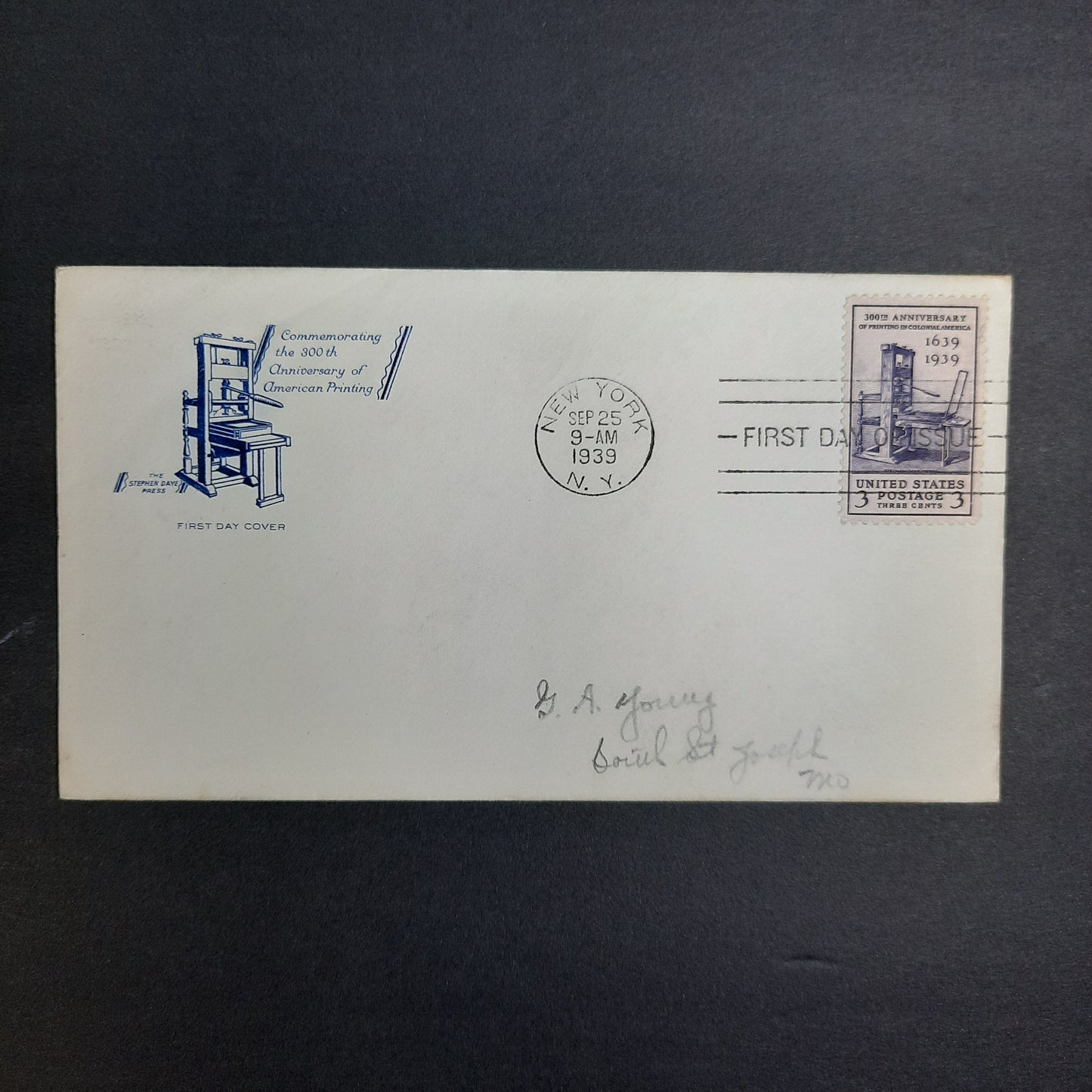 1939 Stephen Daye Press Cache, 300th Anniversary of Printing in Colonial America, New York, FDC