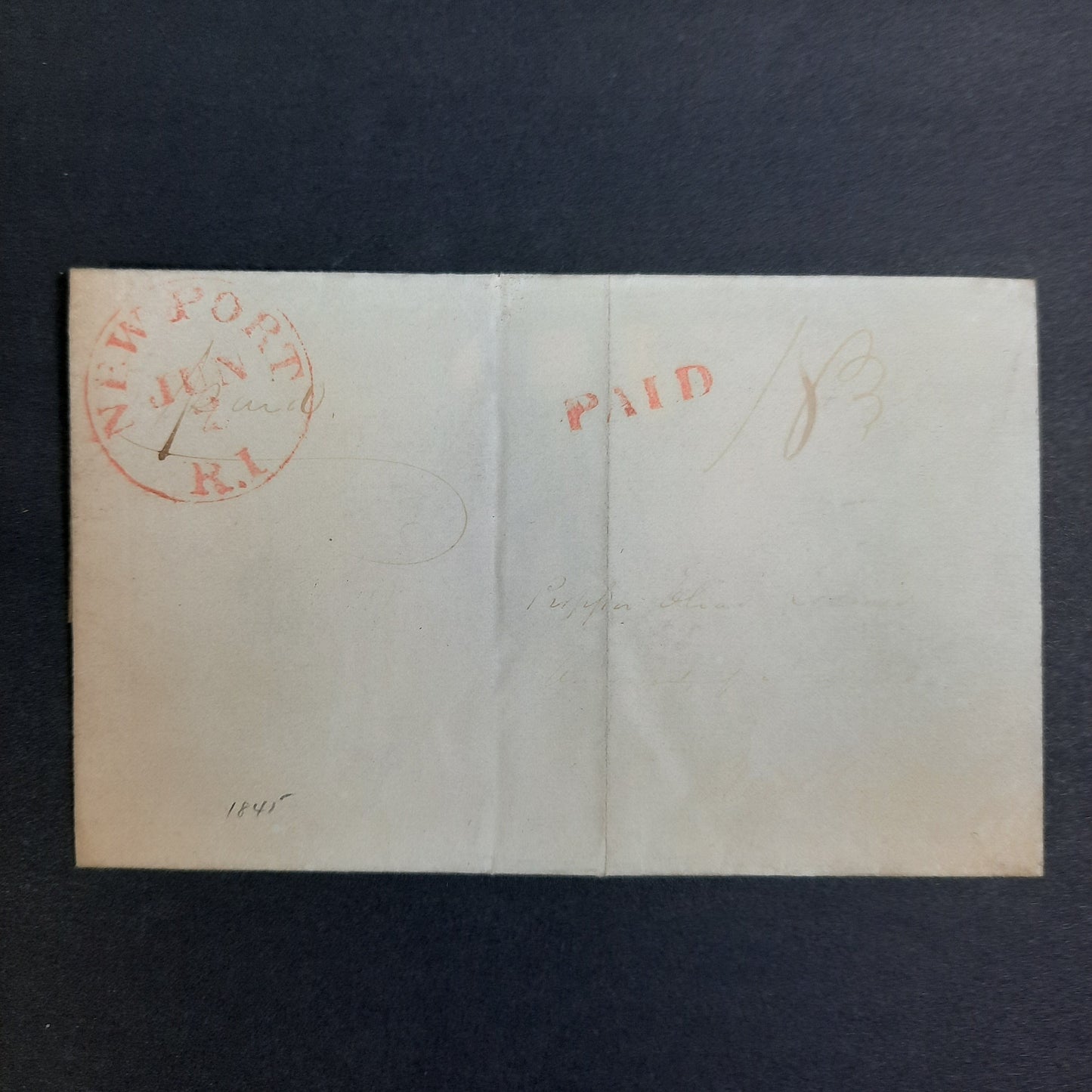 1845 NewPort, Rhode Island Stampless Folded Envelope, Red CDS, Paid 18