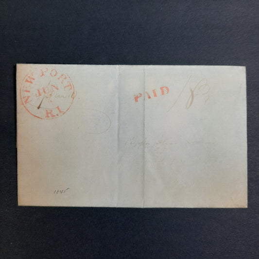 1845 NewPort, Rhode Island Stampless Folded Envelope, Red CDS, Paid 18