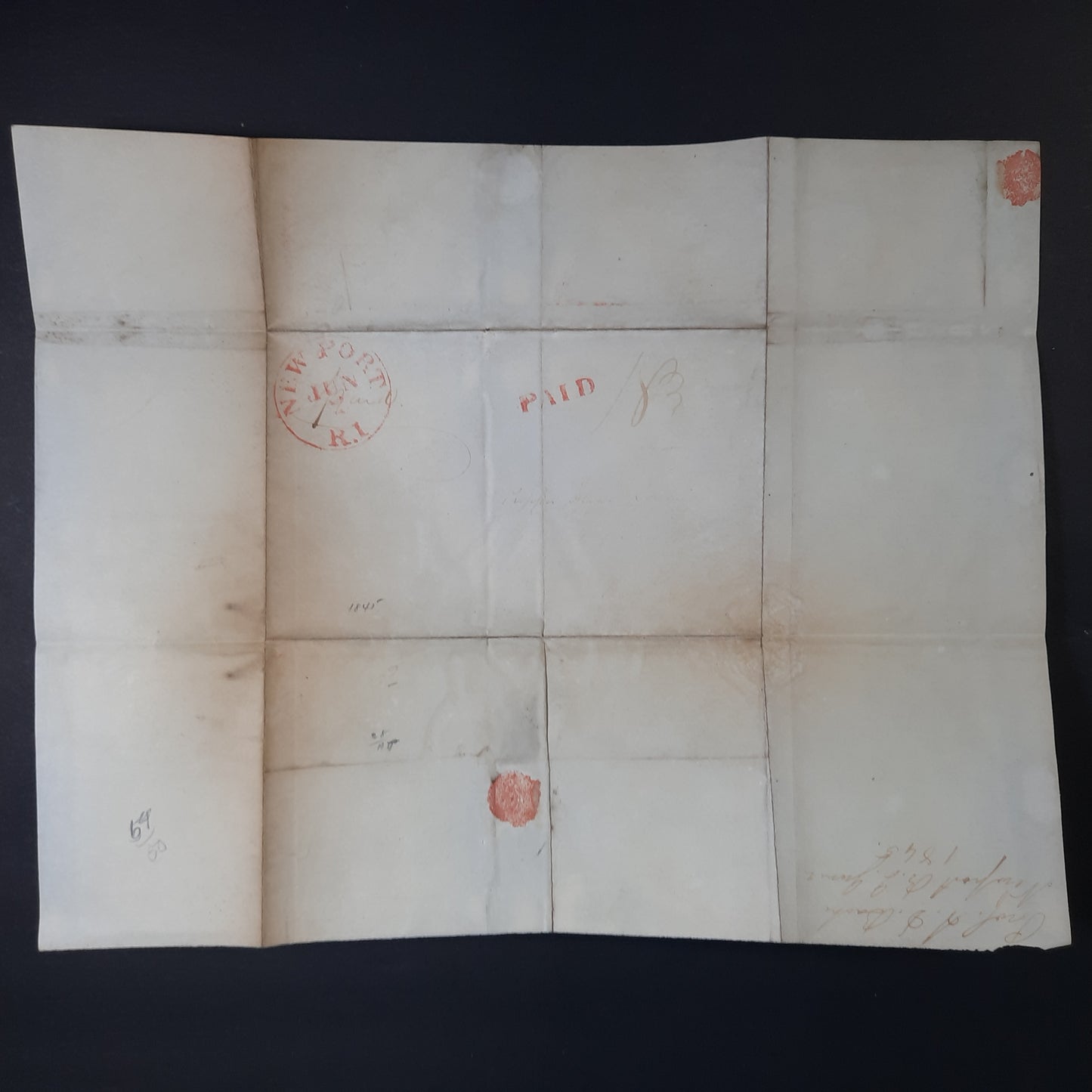 1845 NewPort, Rhode Island Stampless Folded Envelope, Red CDS, Paid 18