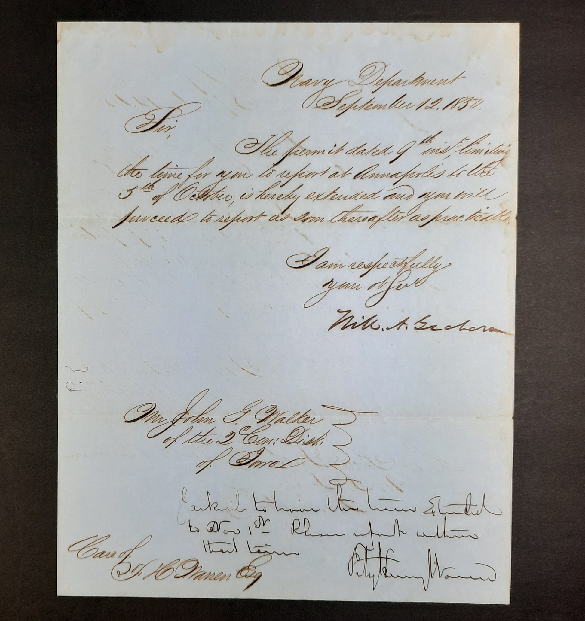 1850 Fitz Henry Warren & Secretary of Navy William Alexander Graham duo-signed letter