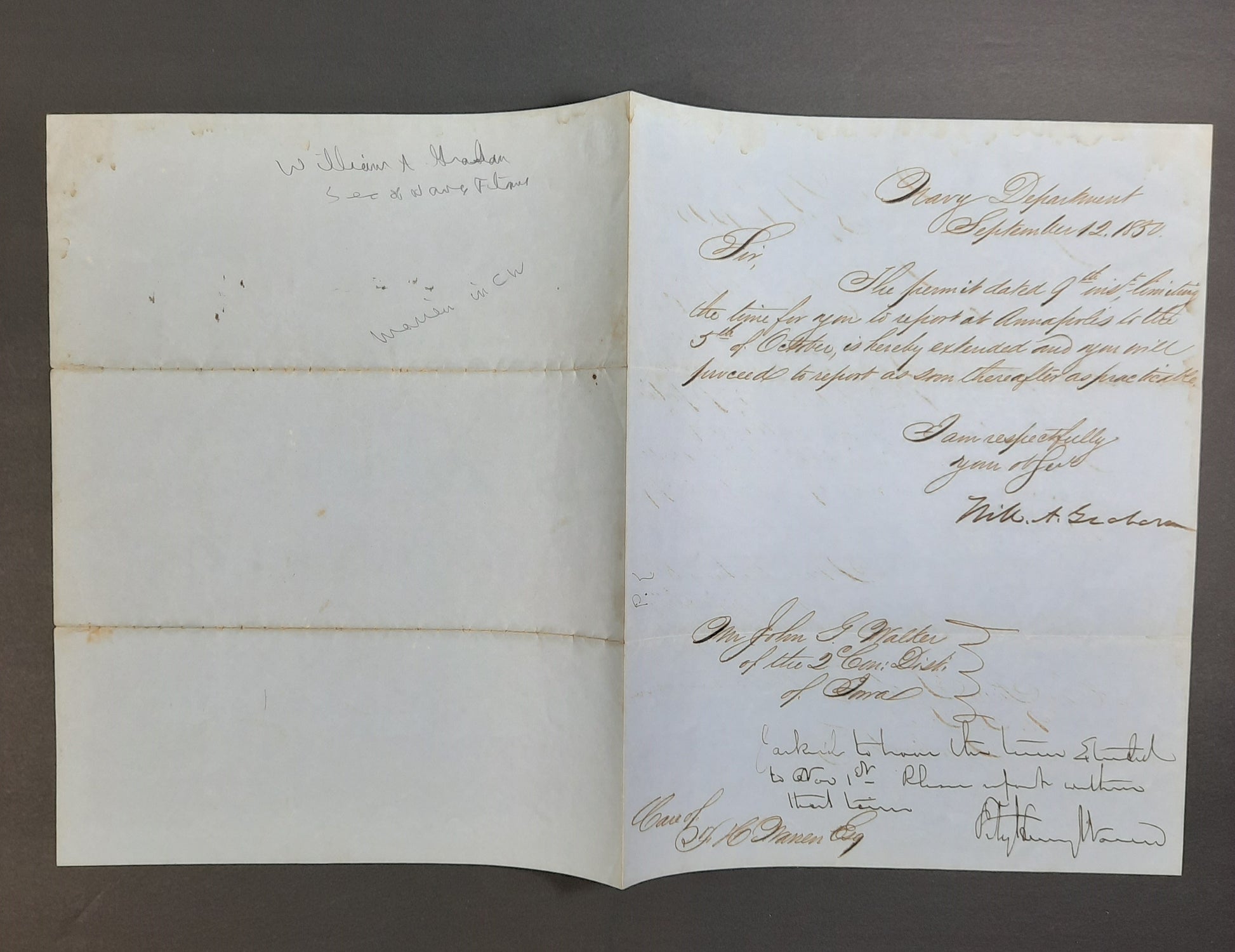 1850 Fitz Henry Warren & Secretary of Navy William Alexander Graham duo-signed letter
