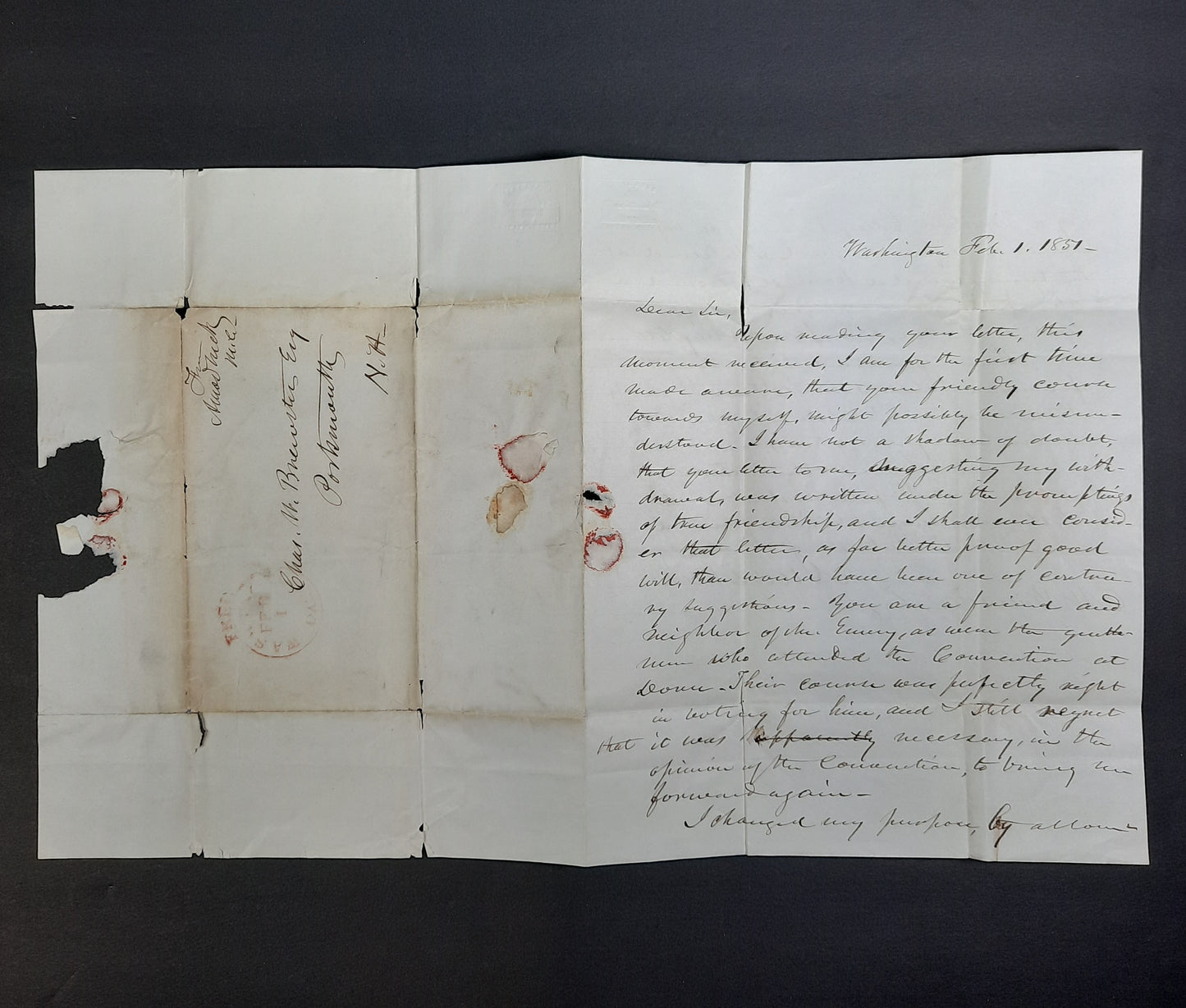 1851 ALS Amos Tuck Congress, New Hampshire, Washington, free franked cover & signed letter