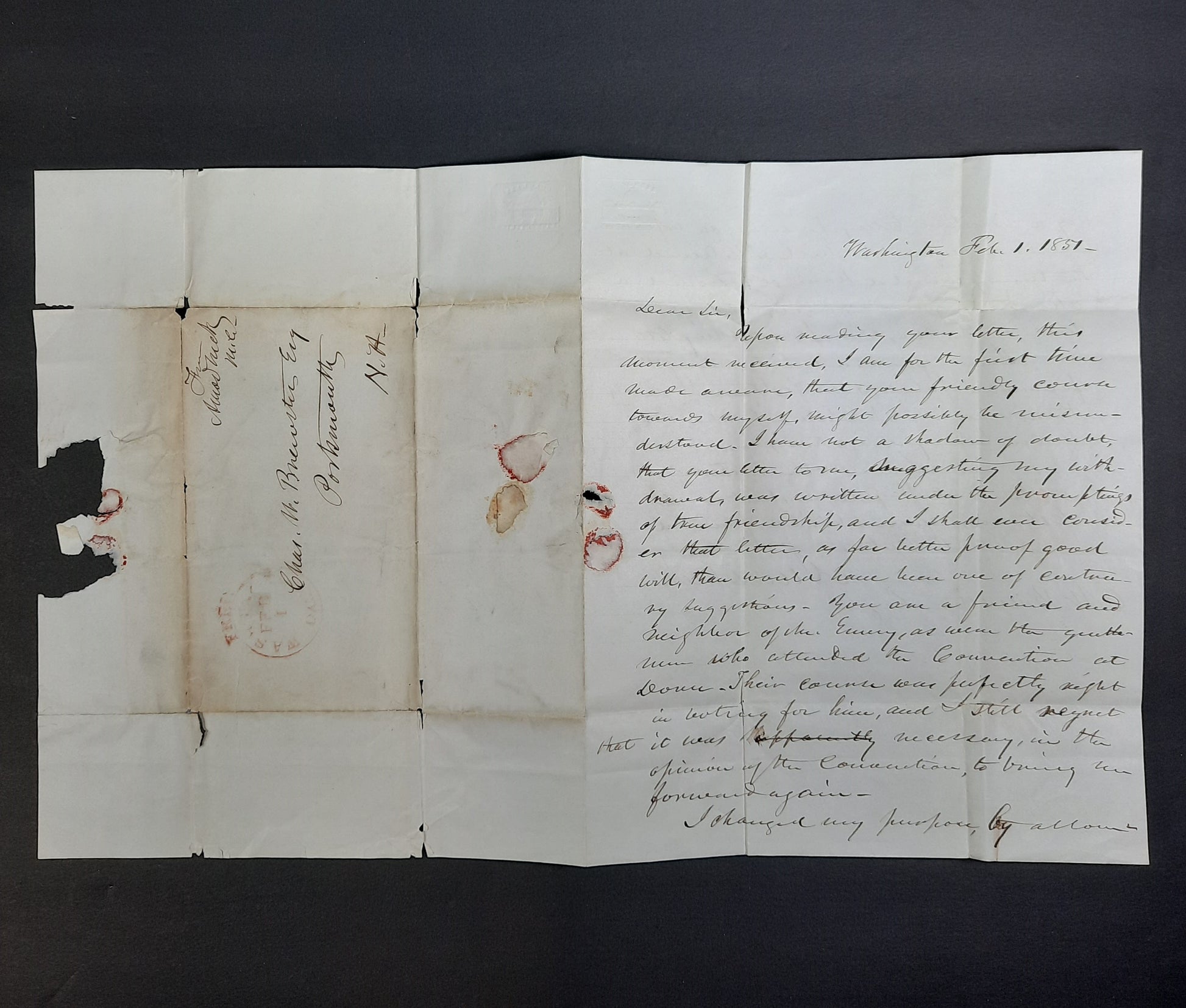 1851 ALS Amos Tuck Congress, New Hampshire, Washington, free franked cover & signed letter