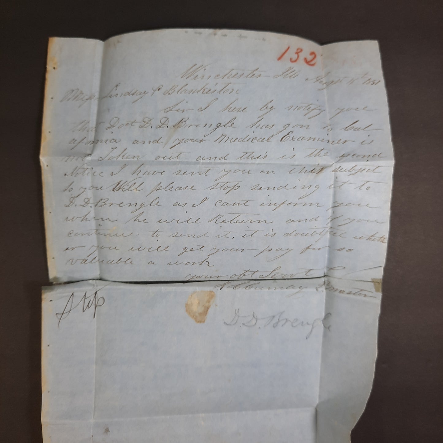 1851 R.C. Cumby Winchester Illinois cds & Postmaster free frank