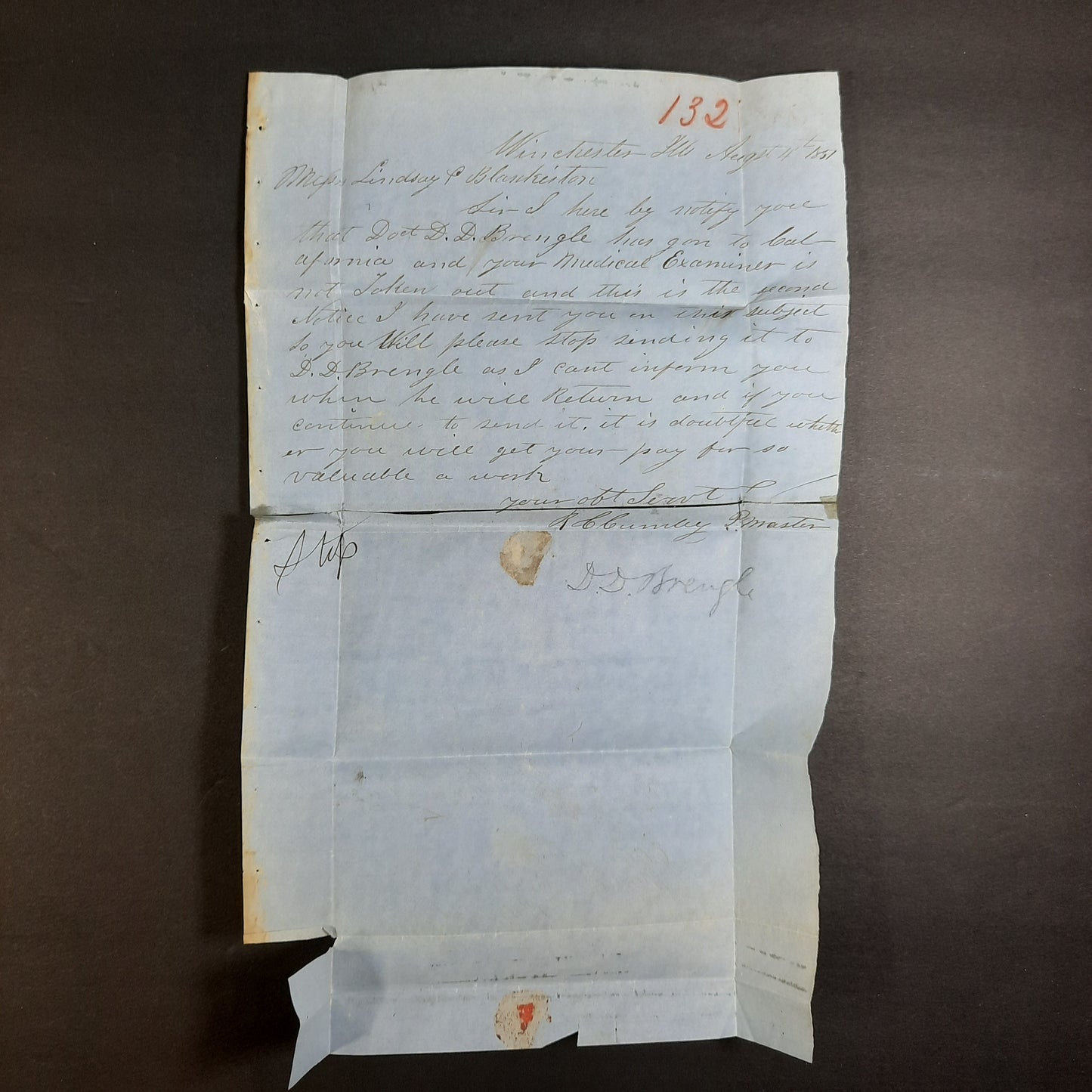1851 R.C. Cumby Winchester Illinois cds & Postmaster free frank