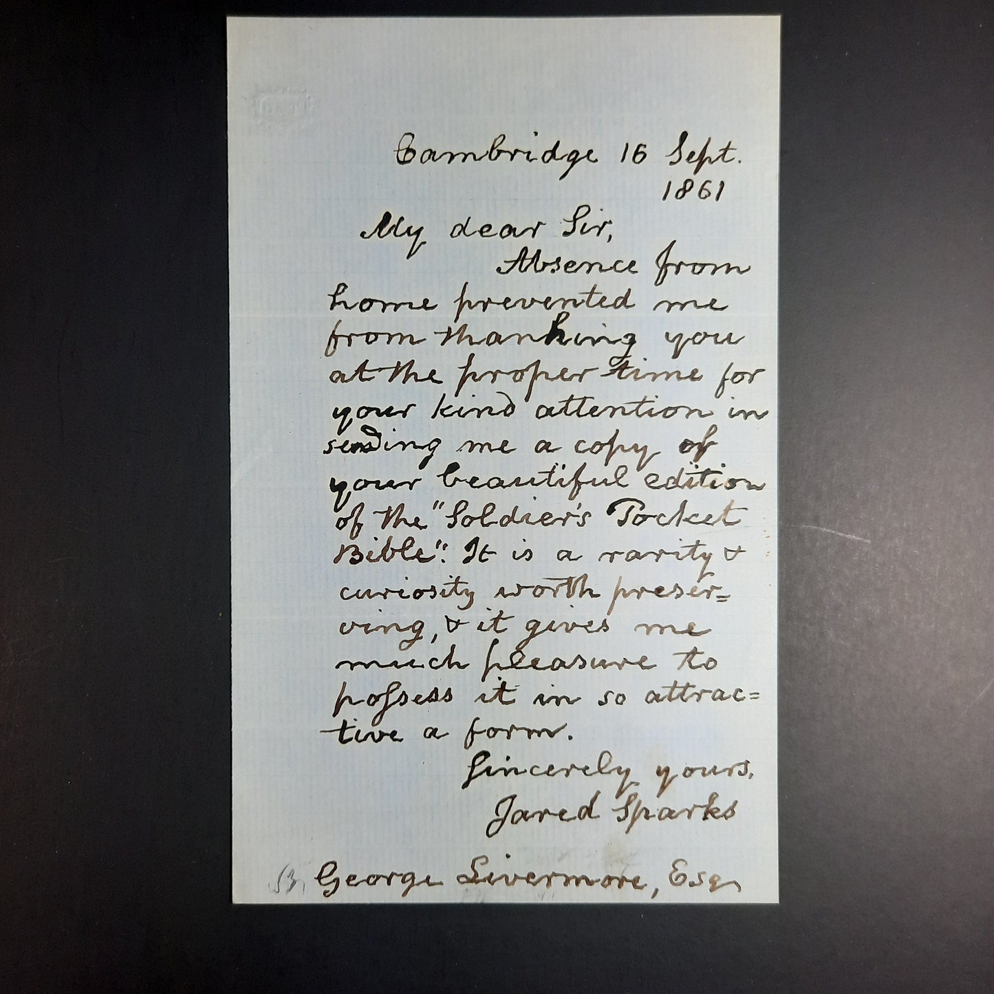 1861 Author Jared Sparks letter re: Soldier's Pocket Bible ALS