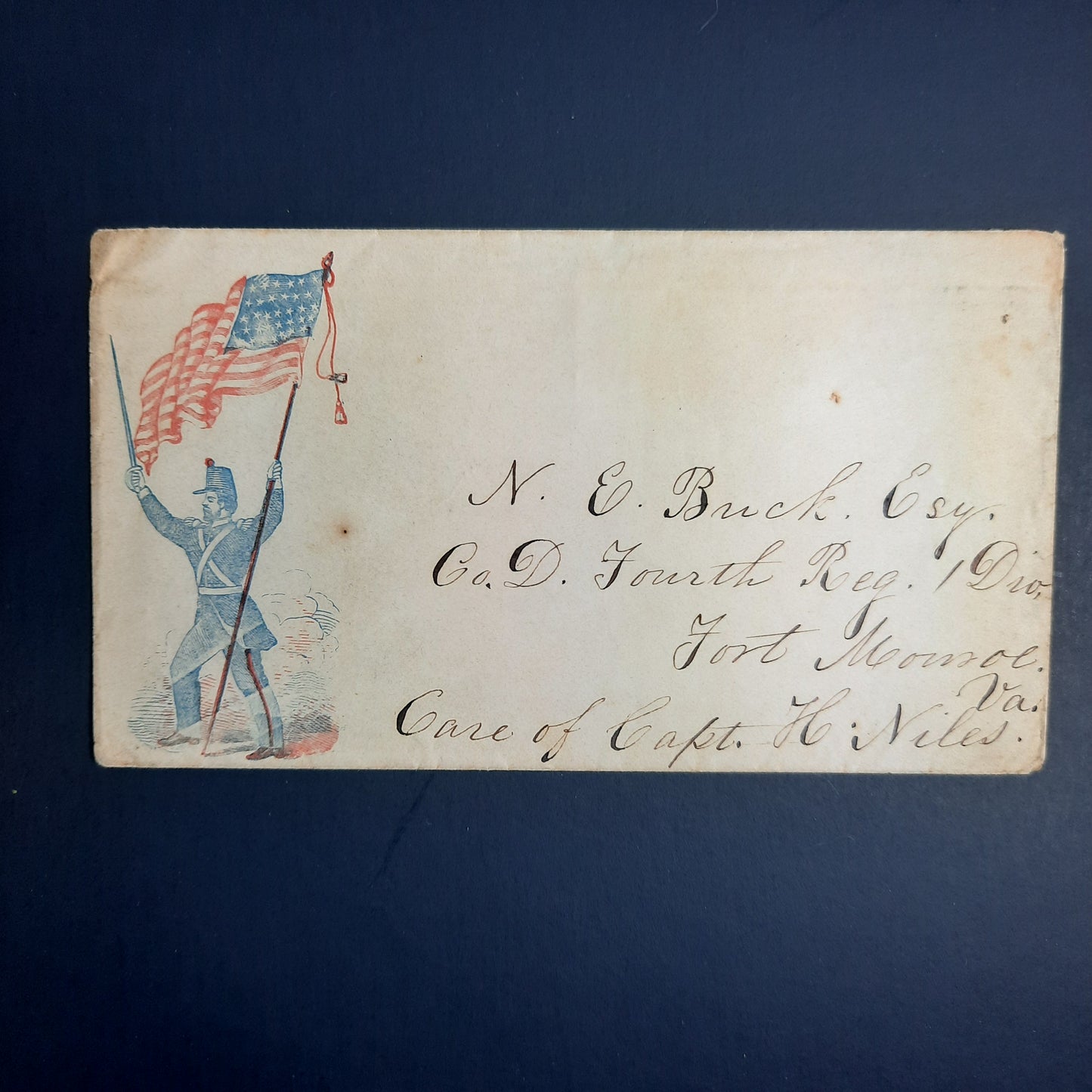 Civil War Patriotic addressed cover, N. E. Buck, Esq, Co. D, 4th Regiment, 1st Division, Fort Monroe, VA