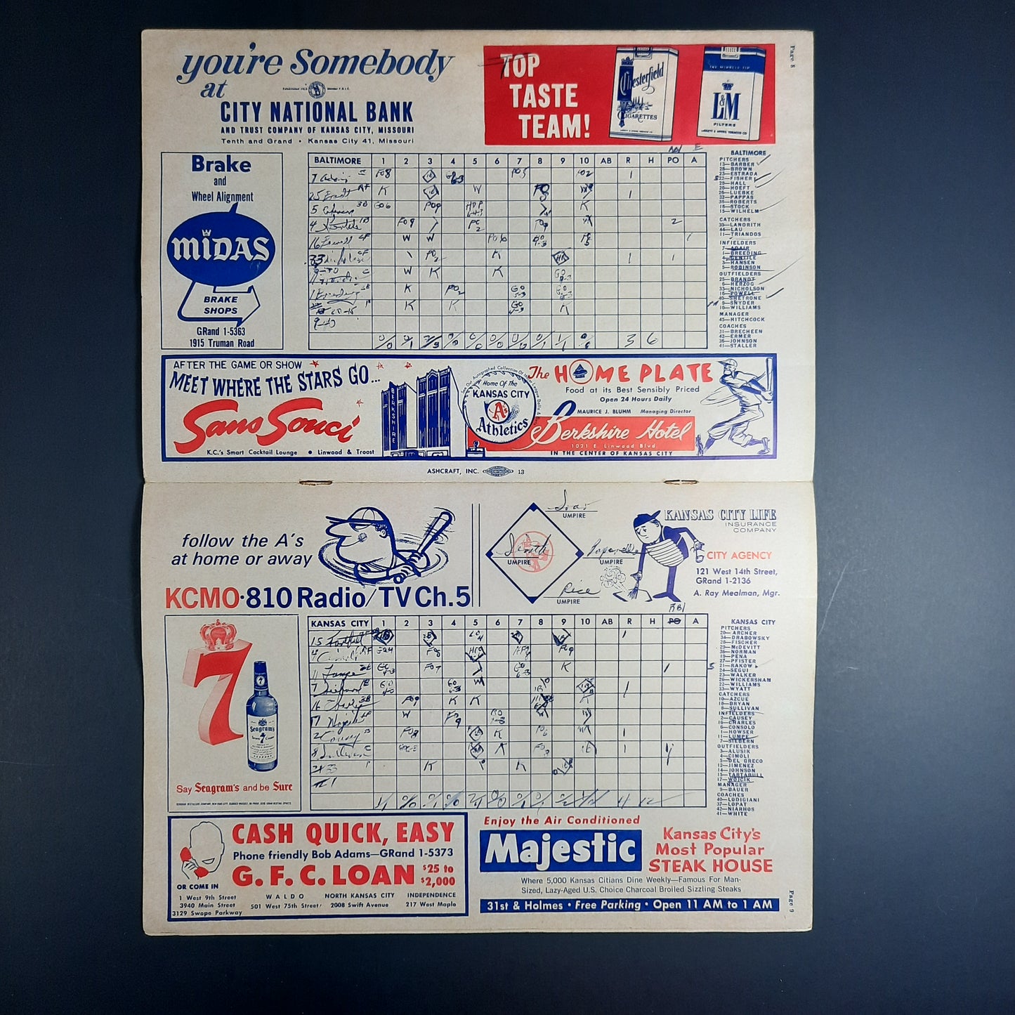 1962 Kansas City Athletics Official Scorecard
