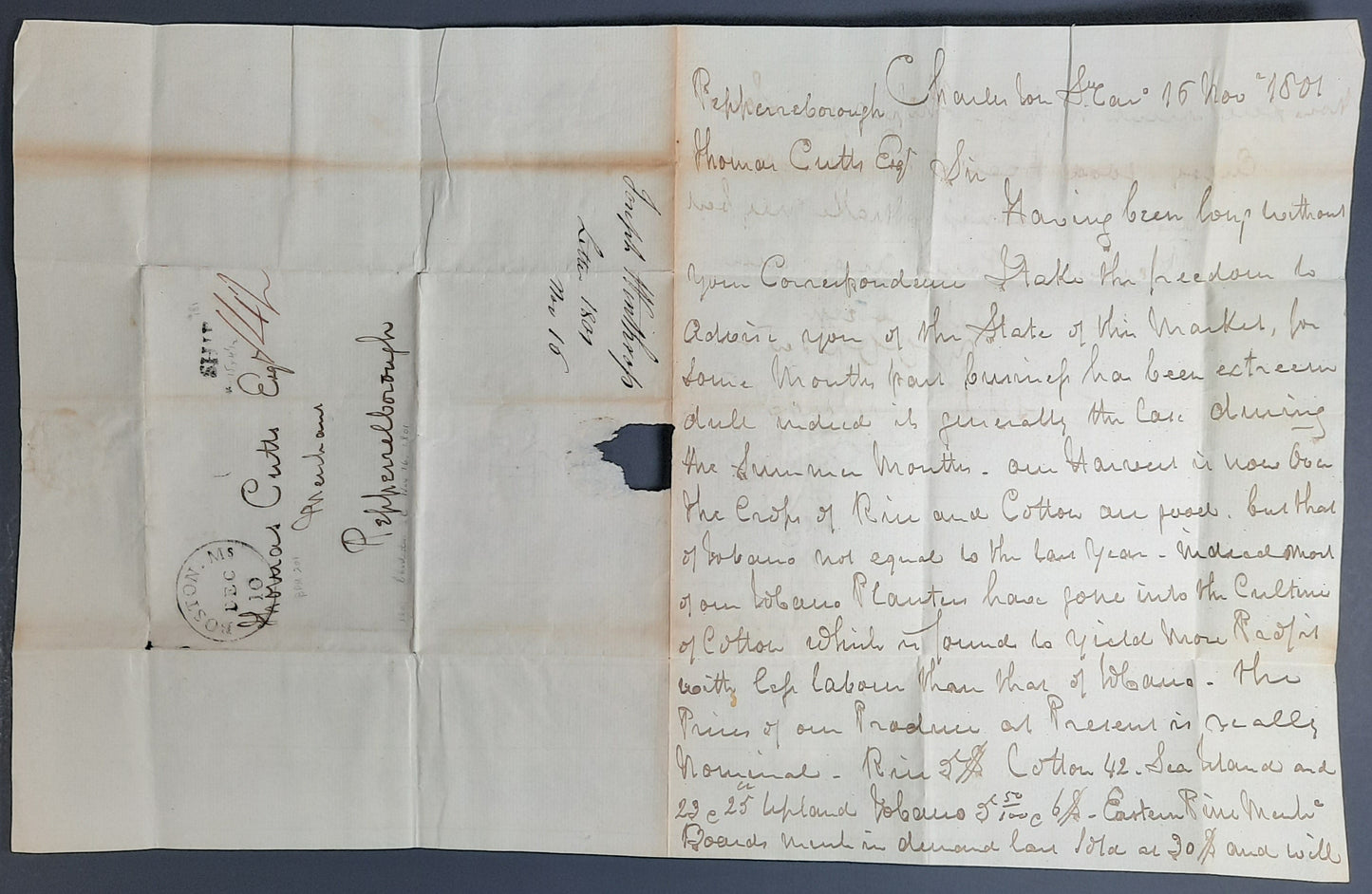 1801 Joseph Winthrop Charleston South Carolina signed letter