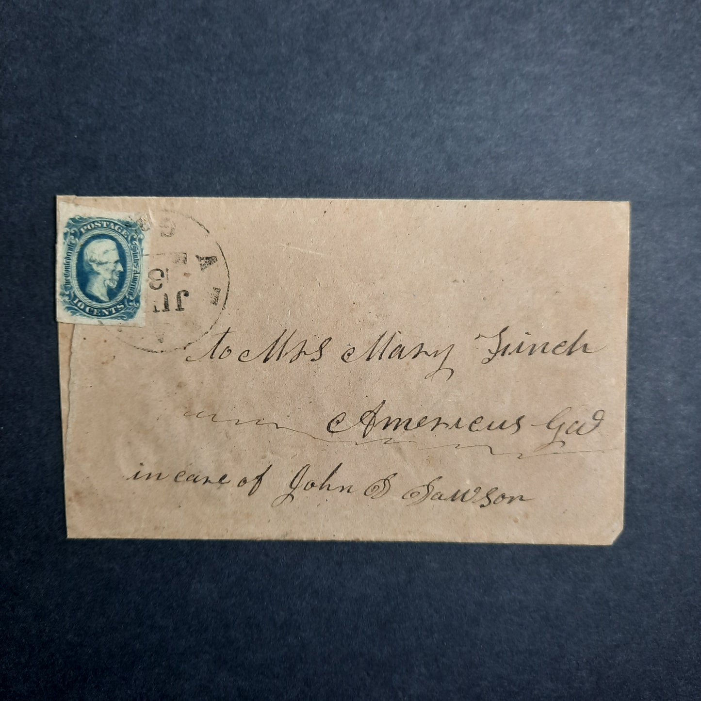 Confederate States cover Atlanta CDS 10c Jefferson Davis CSA#12 Mary Finch, Americus, Georgia