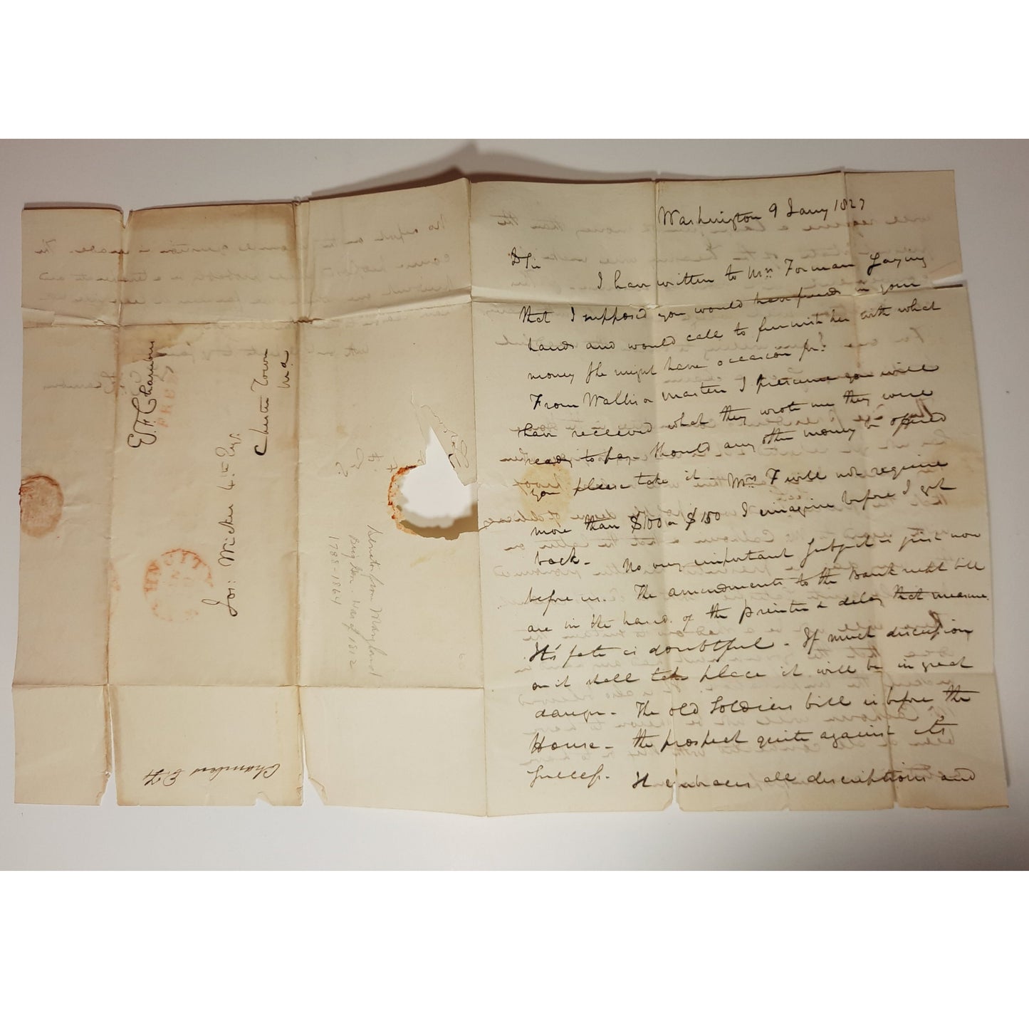 1827 US Senator Ezekiel Chambers, Maryland, signed letter, manuscript free frank