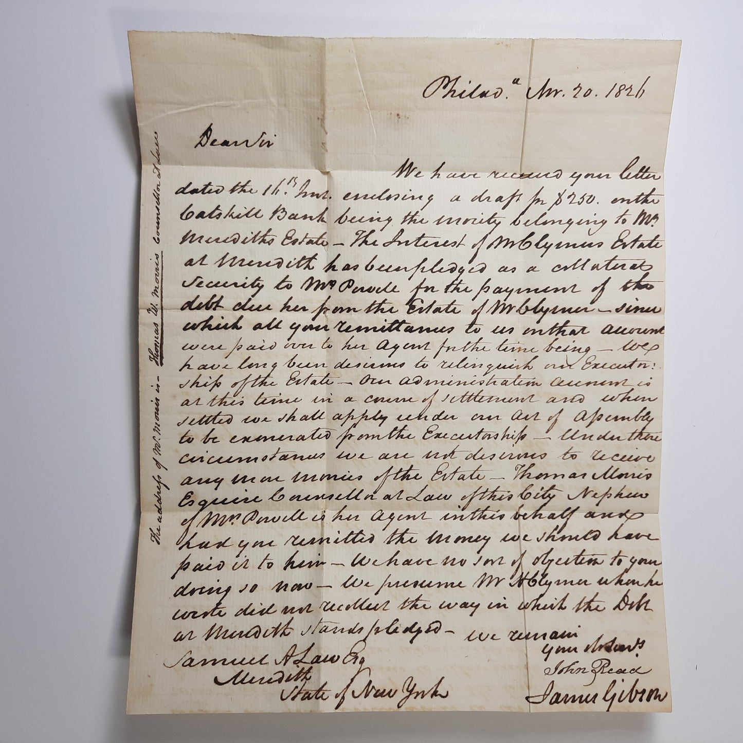 1826 John Read, James Gibson ALS, signed letter regarding Declaration of Independence Signer George Clymer Estate