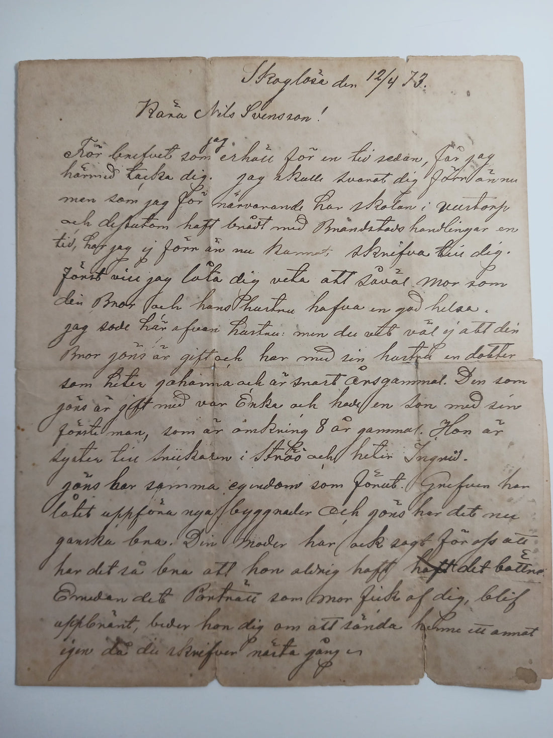 Skoglosa, Sweden to Galeburg, Illinois Nels Swanson letter