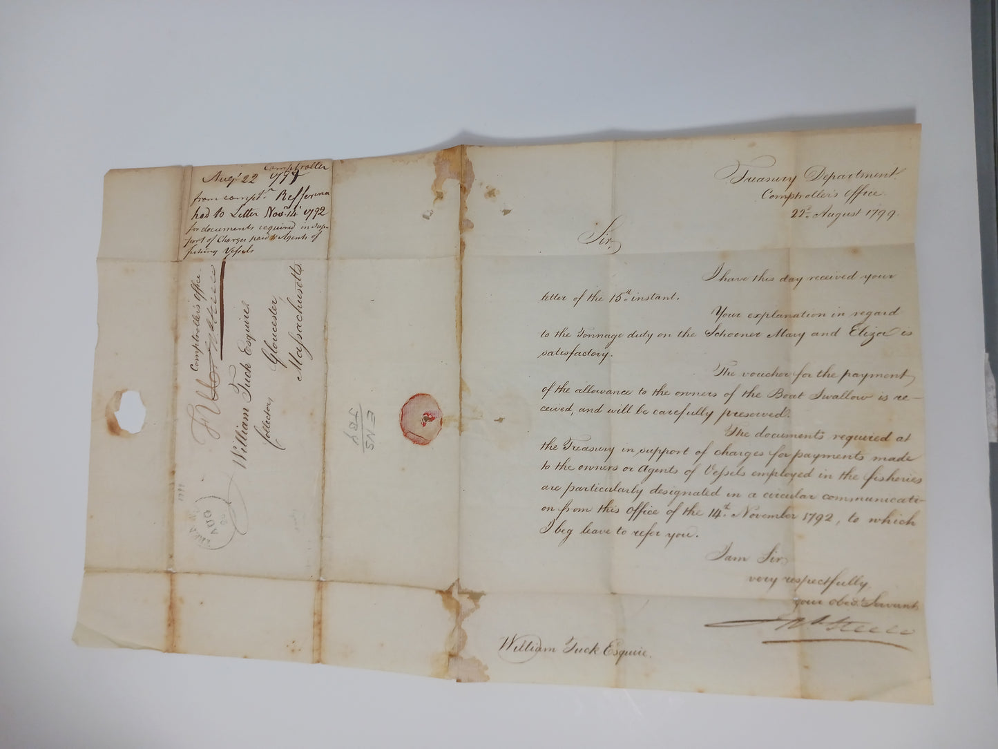 1799 Yellow Fever Evacuation Cover+Letter U.S. Treasury Comptroller John Steele Free Frank Signed with Trenton New Jersey Postmark