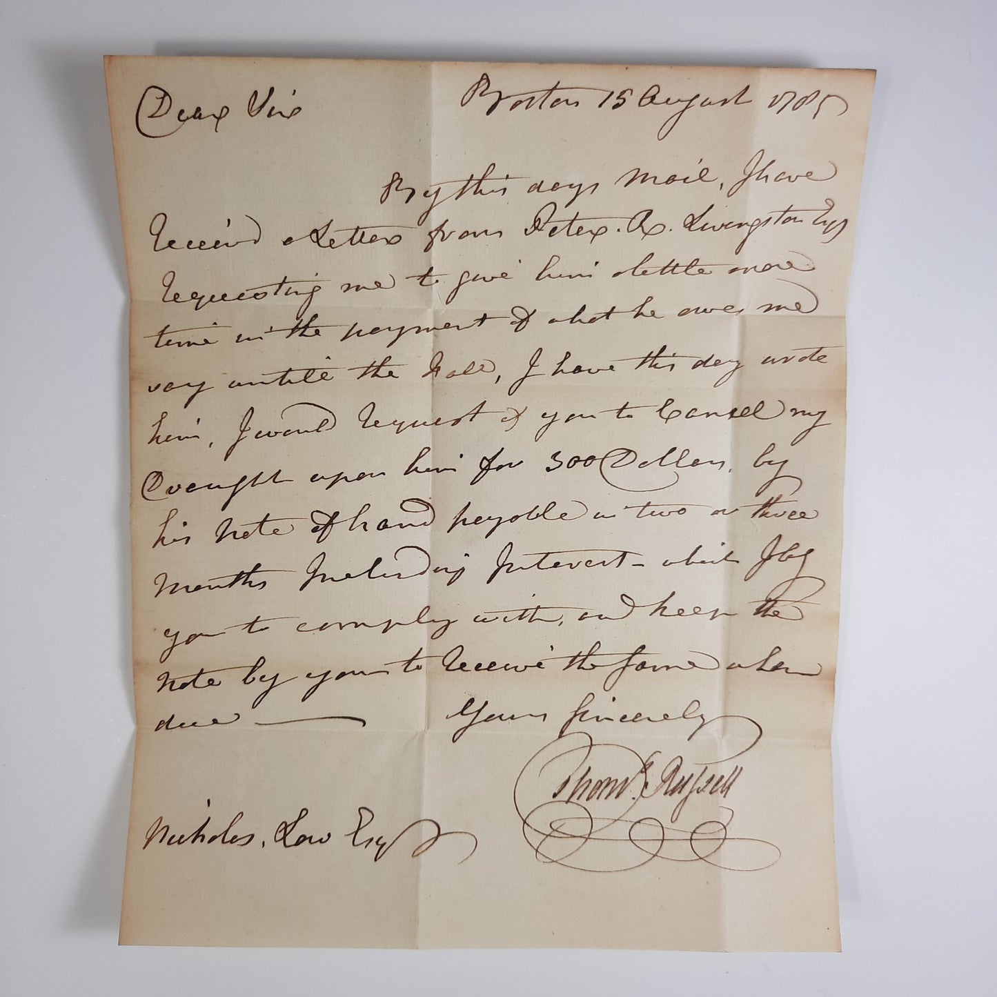 ALS Thomas Russell to Nicholas Low-August-15-1785-Boston