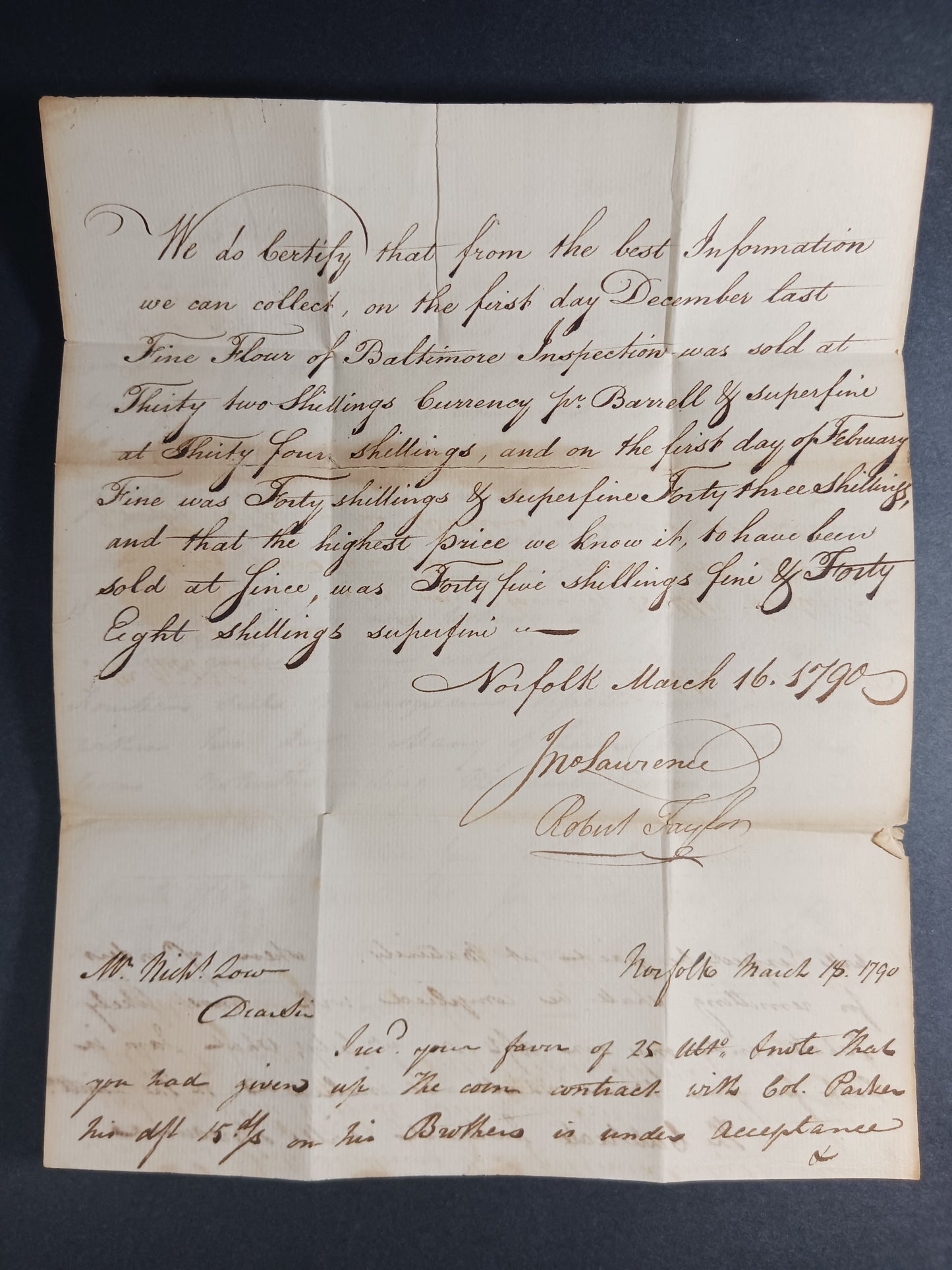 1790 Moses Myers ALS (Stephen Girard agent), Robert Taylor & Jonathan Lawrence thrice signed Norfolk, VA straightline letter to Nicholas Low, New York CIty