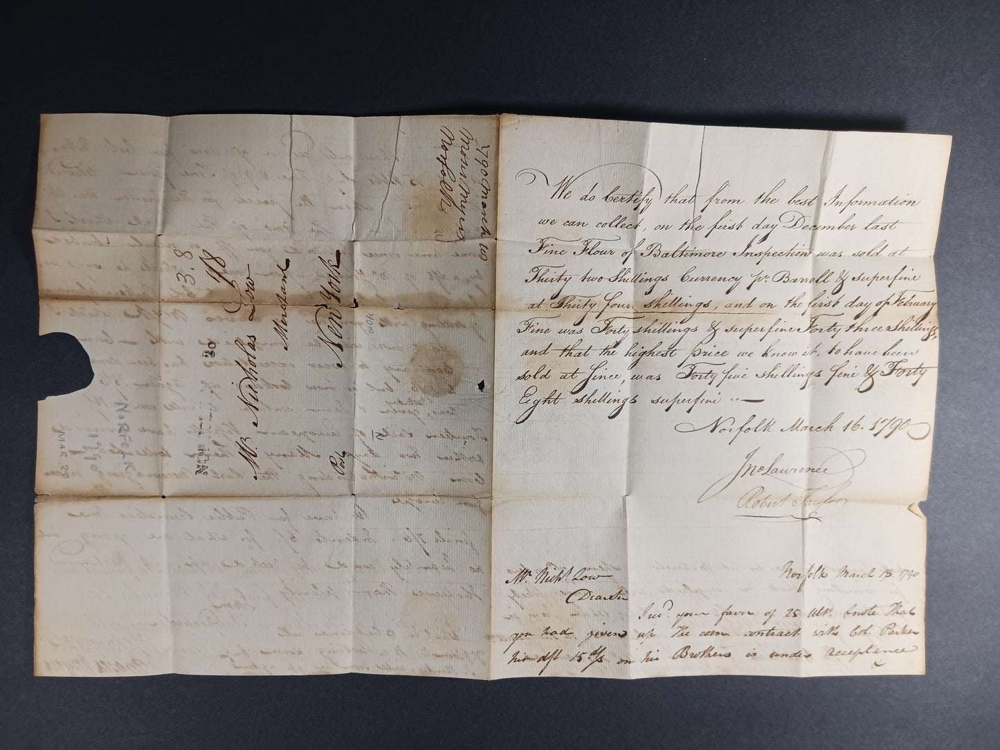 1790 Moses Myers ALS (Stephen Girard agent), Robert Taylor & Jonathan Lawrence thrice signed Norfolk, VA straightline letter to Nicholas Low, New York CIty