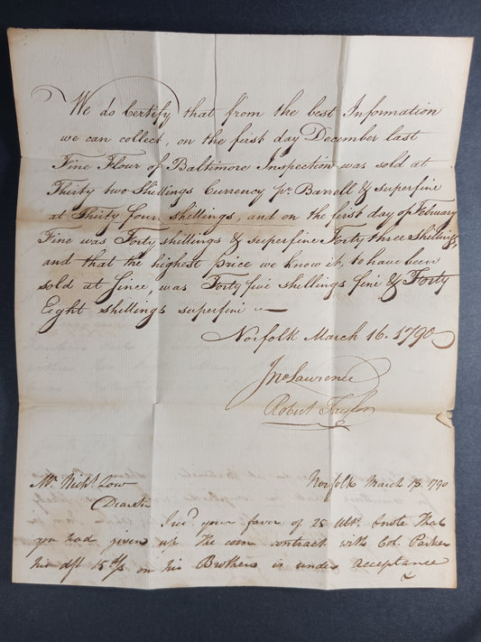 1790 Moses Myers ALS (Stephen Girard agent), Robert Taylor & Jonathan Lawrence thrice signed Norfolk, VA straightline letter to Nicholas Low, New York CIty