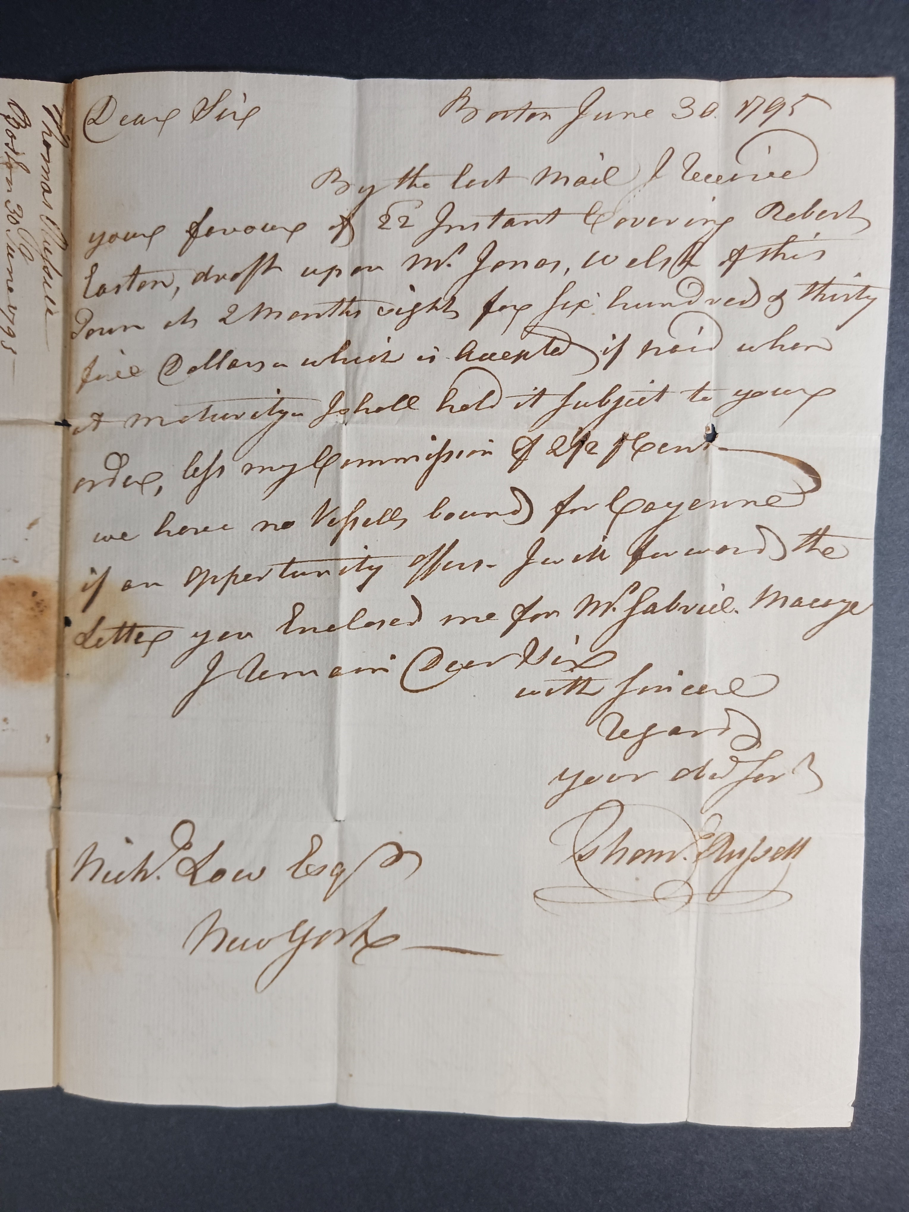 1795 Thomas Russell autograph letter to Nicholas Low, United States Ba ...