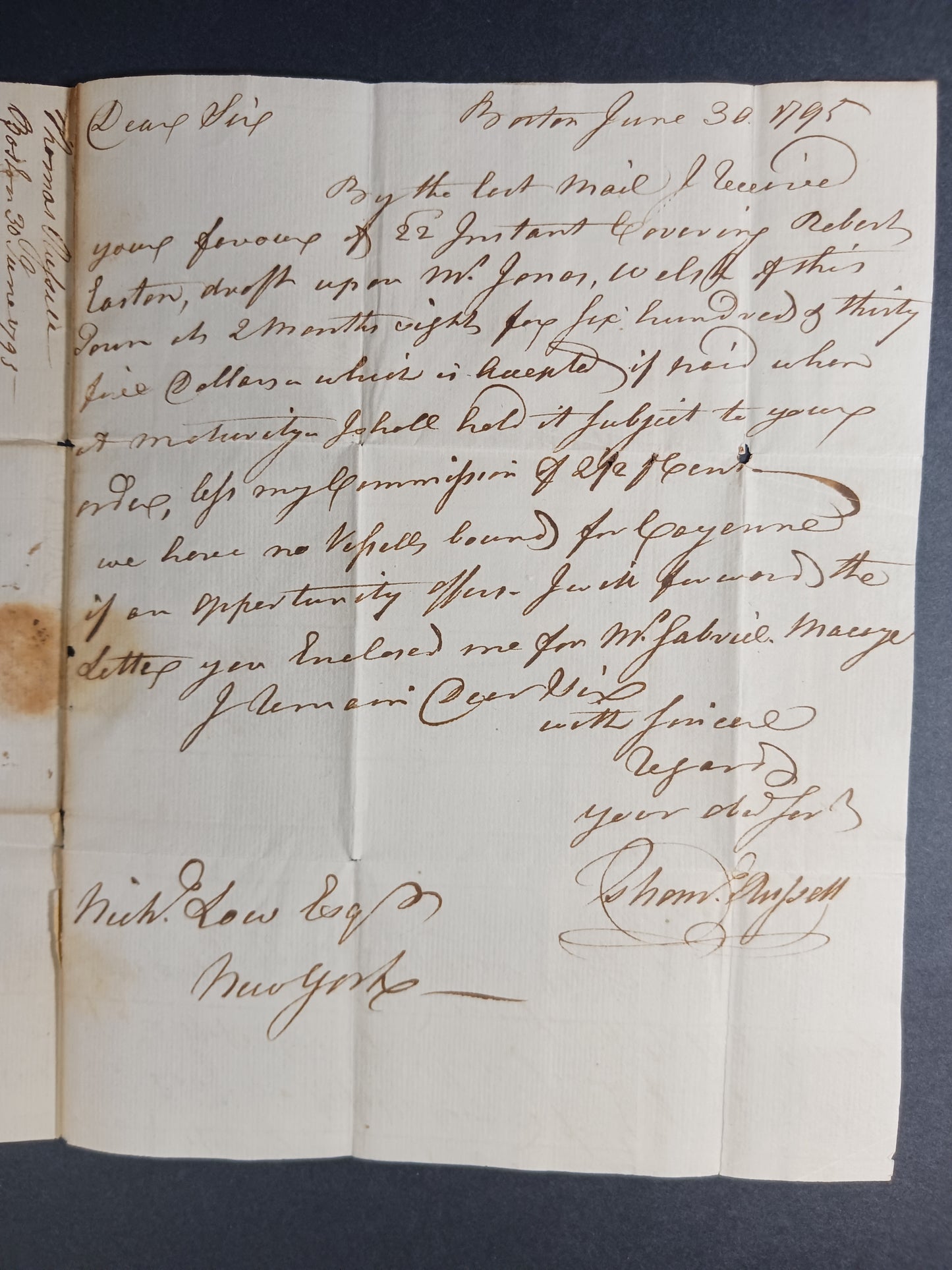 1795 Thomas Russell autograph letter to Nicholas Low, United States Banking and Financial Founders