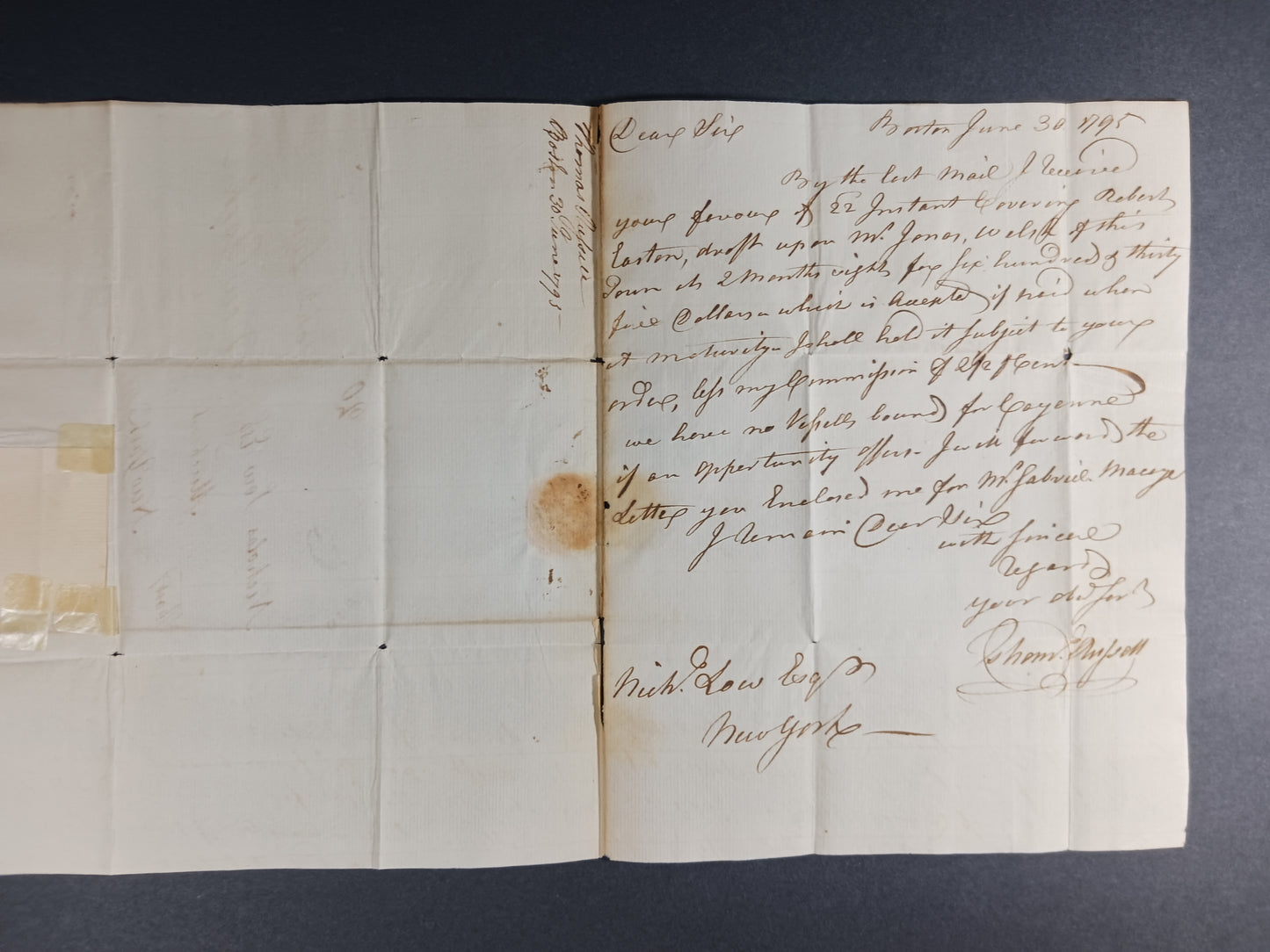 1795 Thomas Russell autograph letter to Nicholas Low, United States Banking and Financial Founders