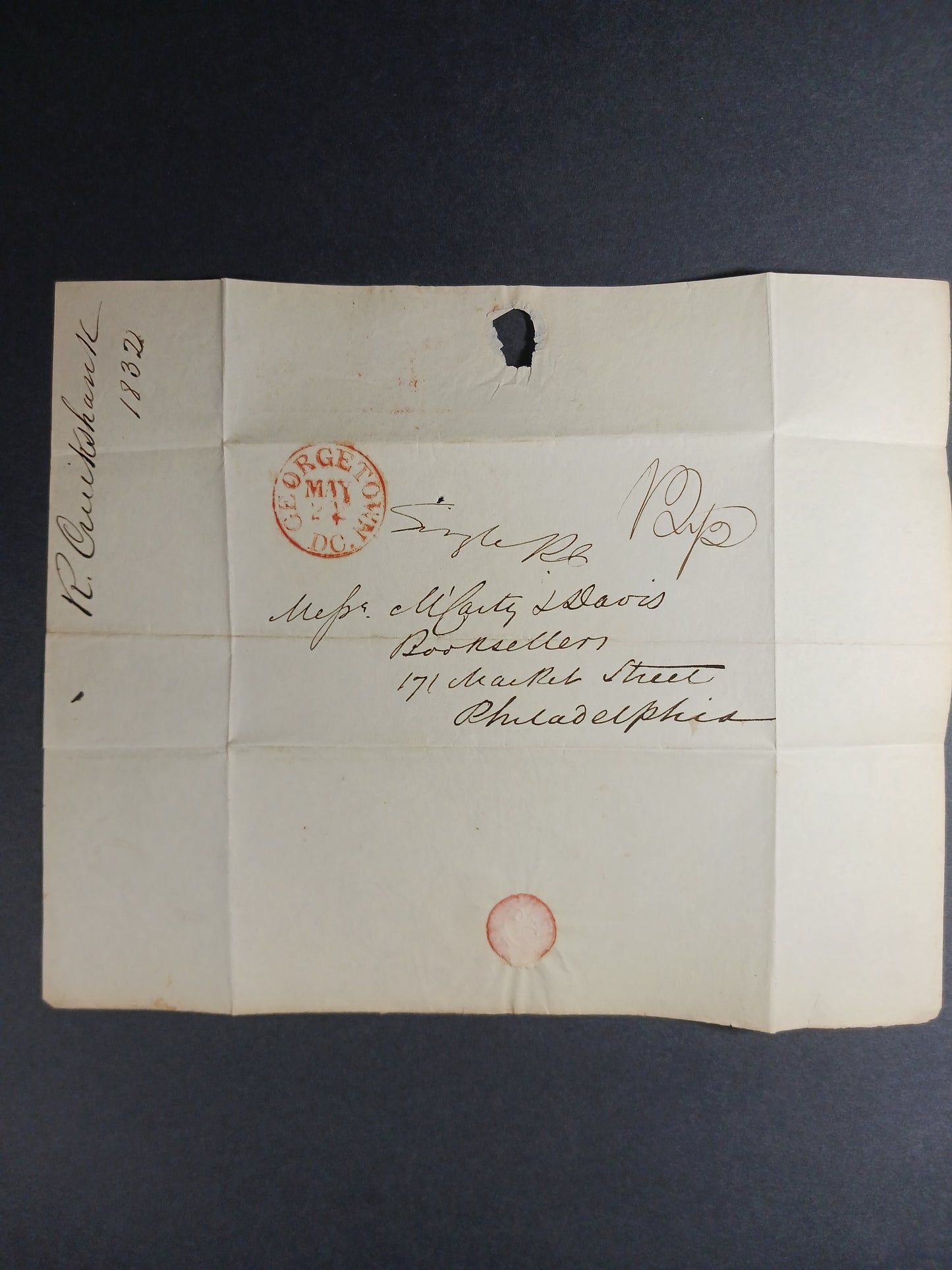 1832 R. Cruikshank stampless Georgetown Red CDS cover-Philadelphia Booksellers William McCarty & Francis Davis