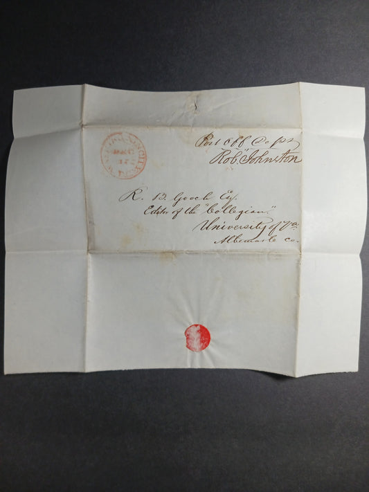 1839 ca. Asst Postmaster General Robert Johnston free frank to Collegian Editor Richard B. Gooch, University of Virginia Charlottesville