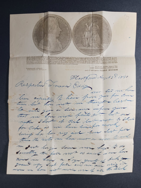 1840 Autograph letter US Currency Printer's Ink Mfr Titus Eddy from Litchfield, Hartford, CT on William Henry Harrison engraved letterhead