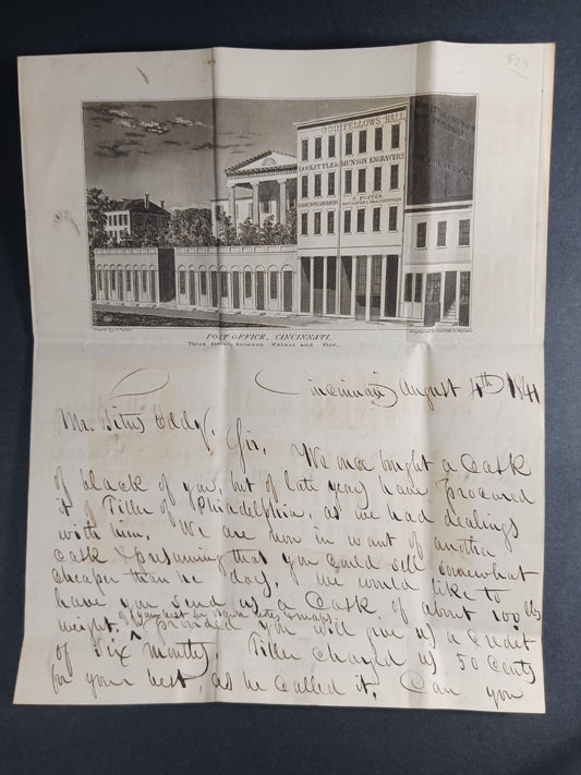 1844 Doolitle & Munson Engravers, autograph letter signed to Titus Eddy, (US Currency) Printer's Black Mfr, Cincinnati Post Office engraving