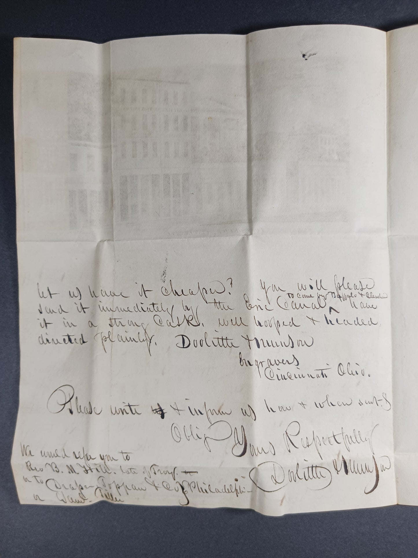 1844 Doolitle & Munson Engravers, autograph letter signed to Titus Eddy, (US Currency) Printer's Black Mfr, Cincinnati Post Office engraving