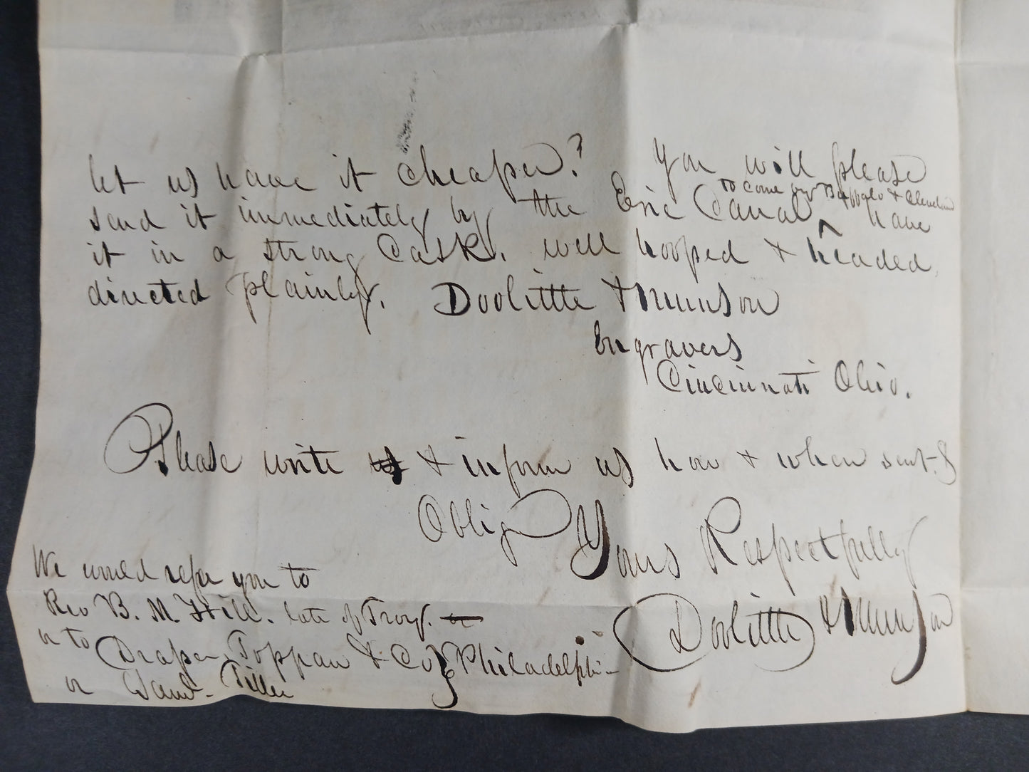 1844 Doolitle & Munson Engravers, autograph letter signed to Titus Eddy, (US Currency) Printer's Black Mfr, Cincinnati Post Office engraving