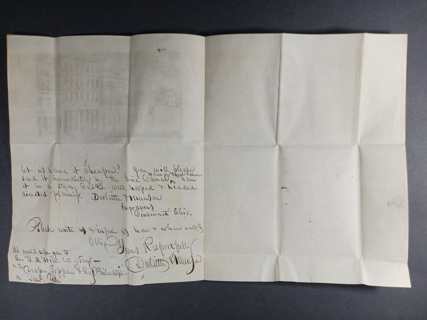 1844 Doolitle & Munson Engravers, autograph letter signed to Titus Eddy, (US Currency) Printer's Black Mfr, Cincinnati Post Office engraving