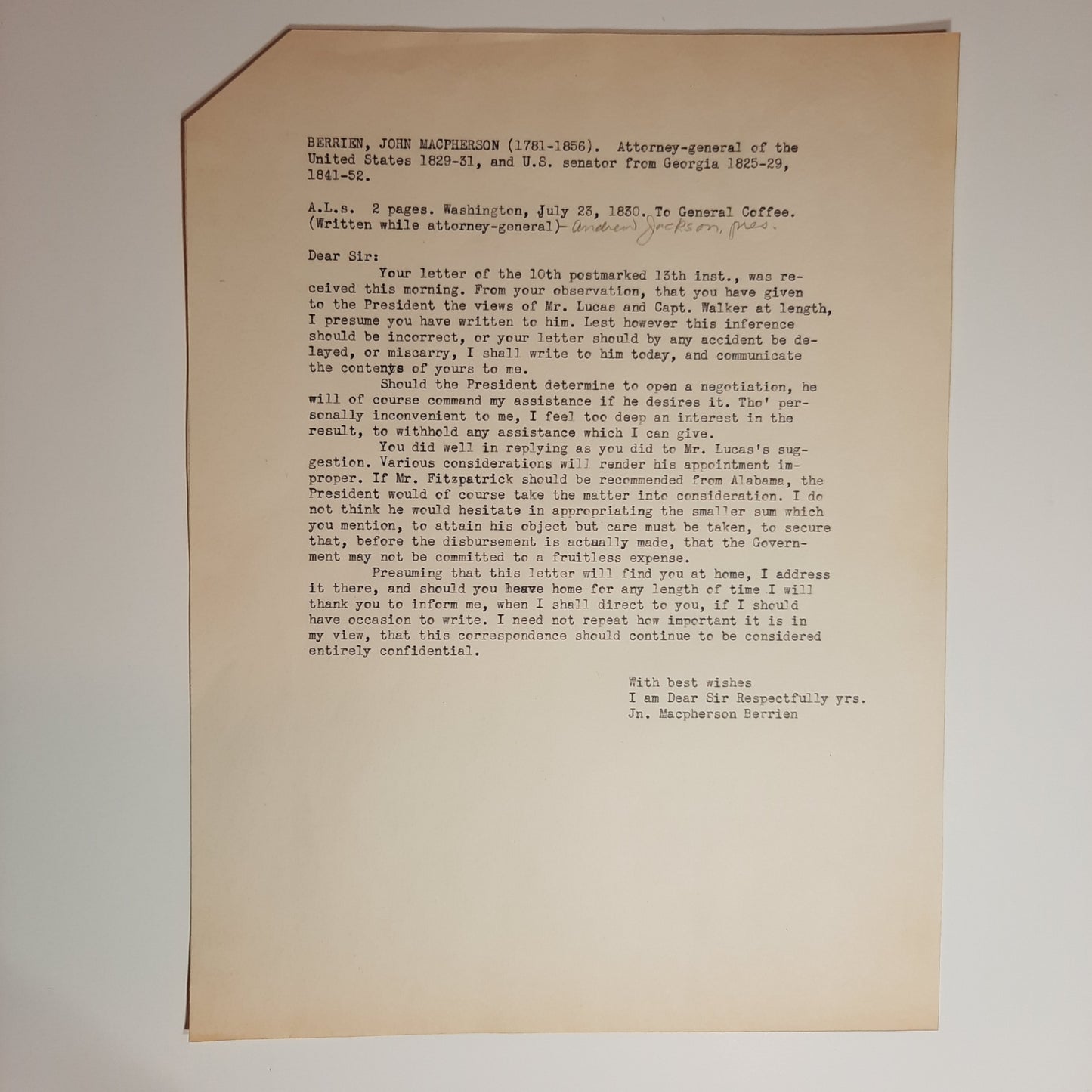 1830 US AG John MacPherson Berrien ALS to General John Coffee, signed as Andrew Jackson's Attorney General